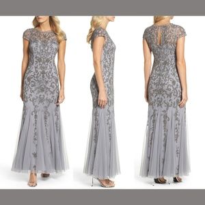 NEW $300 Adrianna Papell Floral Beaded Trumpet Gown Silver [ 2 8  ]